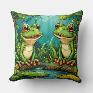 Two Cartoon Frogs Sitting in a Vibrant Forest Throw Pillow