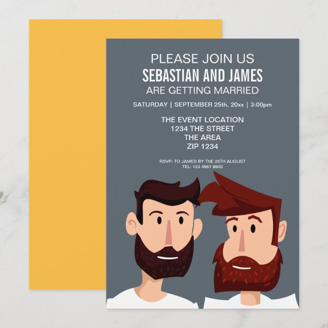 Two Cartoon Grooms With Beards Gay Wedding Themed Invitation (Front/Back)
