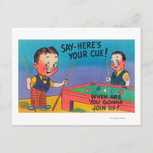 Two Cartoon Men Play Pool, Here's Your Cue Postcard
