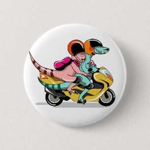 Two Cartoon Raptors Riding A Motor Scooter. 2 Inch Round Button