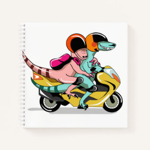 Two Cartoon Raptors Riding A Motor Scooter. Notebook