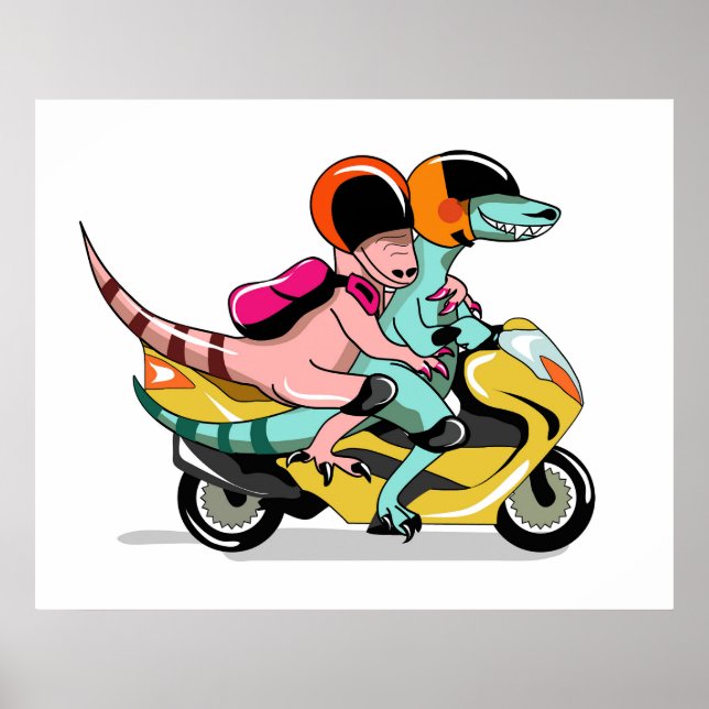 Two Cartoon Raptors Riding A Motor Scooter. Poster (Front)