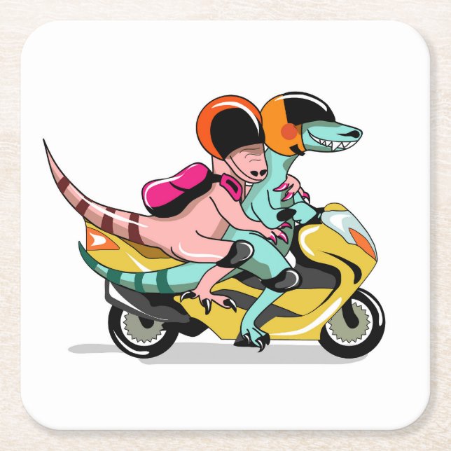 Two Cartoon Raptors Riding A Motor Scooter. Square Paper Coaster (Front)