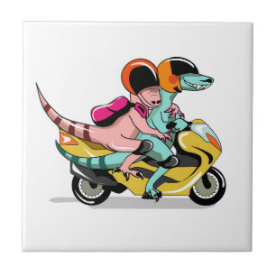 Two Cartoon Raptors Riding A Motor Scooter. Tile