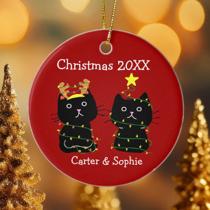 Two Cat Christmas Lights Custom Names Cute Red Ceramic Ornament