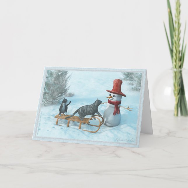 Two Cats and a Snowman Greeting Card (Front)