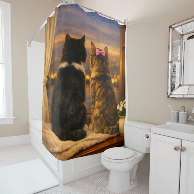 Two Cats at the Window Twilight Shower Curtain (In Situ)