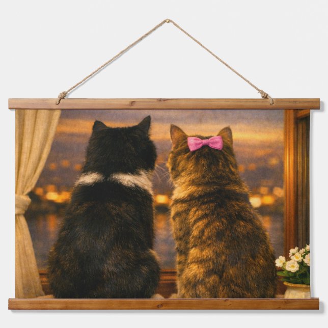 Two Cats at the Window –  Twilight Wall Tapestry (Front)