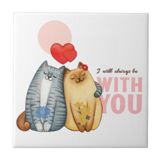 Two cats cuddling with heart shapes and romantic m tile