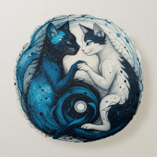 Two Cats Depicting Balance and Harmony in Yin-Yang Round Pillow