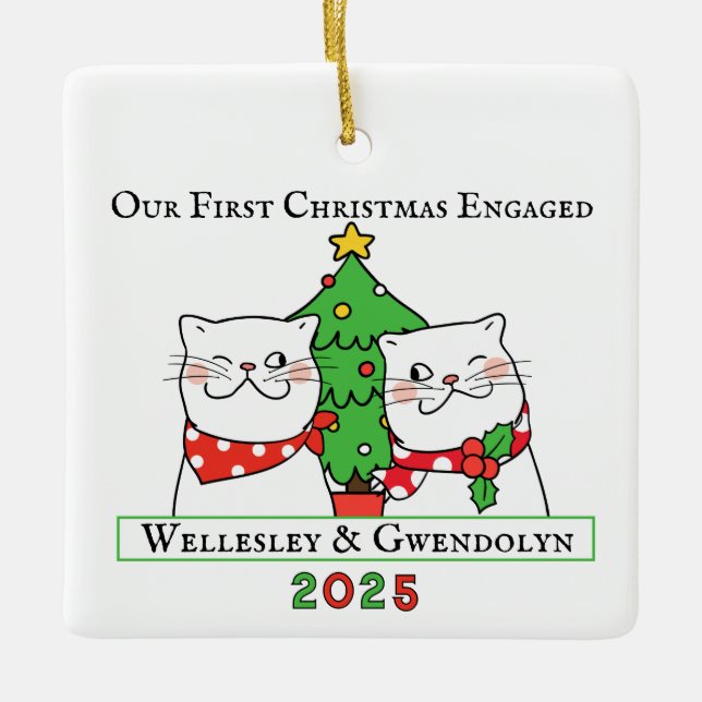 Two Cats First Christmas Engaged Ceramic Ornament (Front)