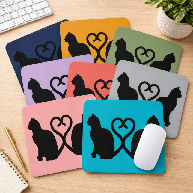 Two Cats Heart Tail Silhouette Custom Colour Mouse Pad (Custom color two-cats mouse pad with heart tails, a sweet desk gift for cat lovers.)