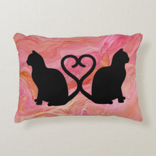 Two Cats Heart Tails on Pink Marble Accent Pillow