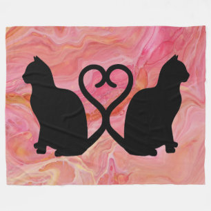 Two Cats Heart Tails on Pink Marble Fleece Blanket