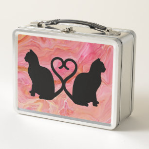 Two Cats Heart Tails on Pink Marble Metal Lunch Box