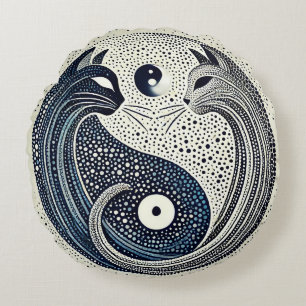 Two Cats in a Dotted Style Yin Yang Design Round Pillow