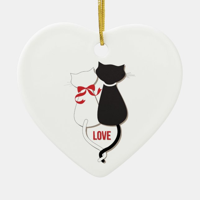 Two Cats in Love, Red, Black, Hearts Ceramic Ornament (Front)