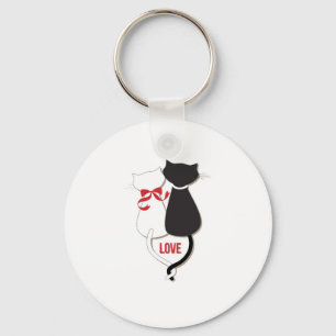 Two Cats in Love, Red, Black, Hearts Keychain