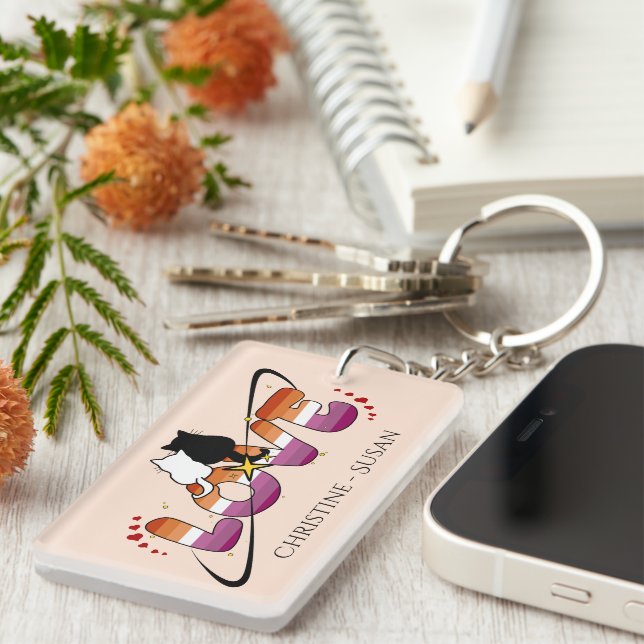 Two Cats In Love Sunset Lesbian Flag Acrylic Keychain (Front Right)