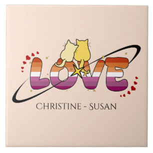 Two Cats In Love Sunset Lesbian Flag Ceramic Tile