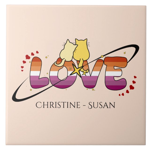 Two Cats In Love Sunset Lesbian Flag Ceramic Tile (Front)