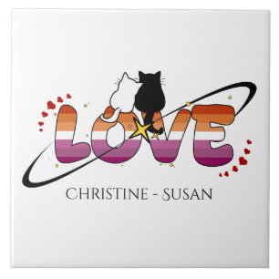 Two Cats In Love Sunset Lesbian Flag Ceramic Tile