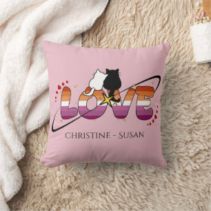 Two Cats In Love Sunset Lesbian Flag Throw Pillow