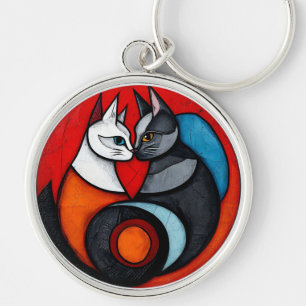 Two Cats in Vibrant Circular Design Keychain