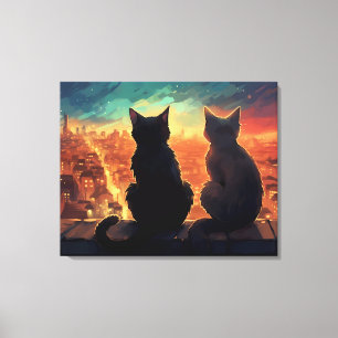 Two Cats on Rooftop Overlooking City at Night Canvas Print