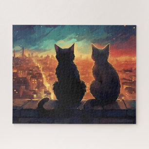 Two Cats on Rooftop Overlooking City at Night Jigsaw Puzzle