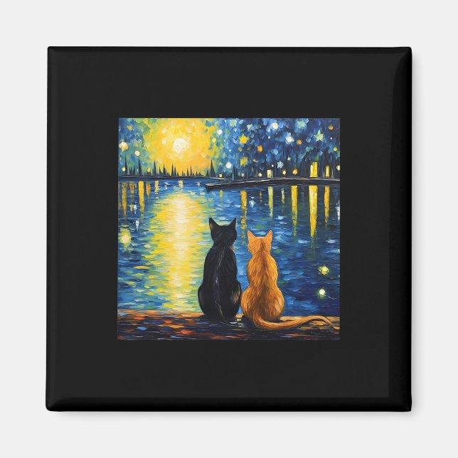 Two Cats Starry Night Lover Cat Art Painting Kitte Magnet (Front)