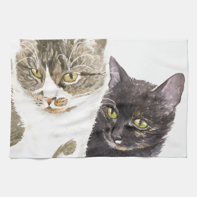 Two cats - tabby and tortie kitchen towel (Horizontal)