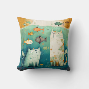 Two cats Watch Fish Floating - Wrapped Canvas Throw Pillow