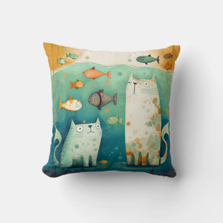 Two cats Watch Fish Floating - Wrapped Canvas Throw Pillow