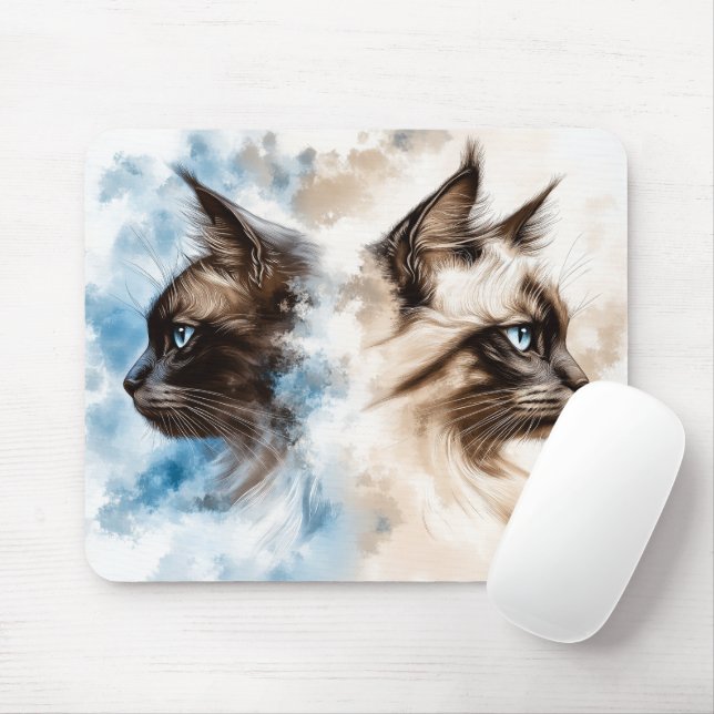 Two cats watercolor mouse pad (With Mouse)