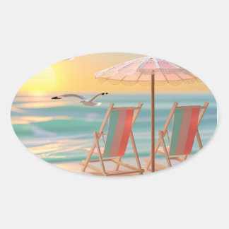 "Two Chairs By The Sea" Oval Sticker