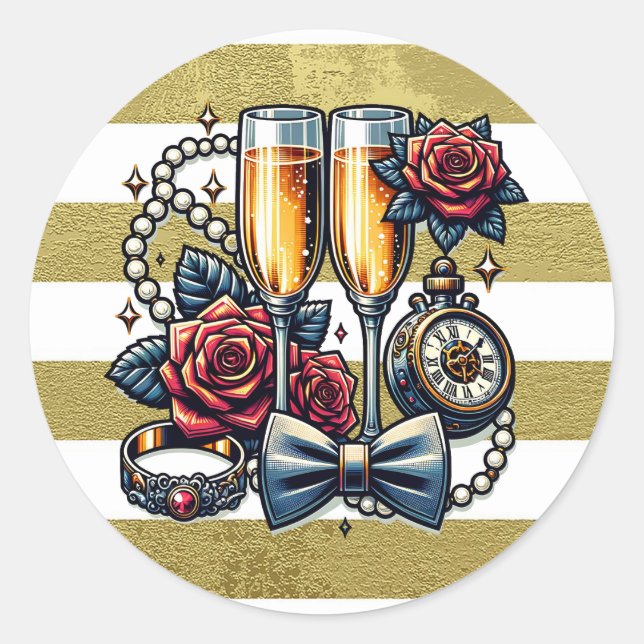 Two Champagne Glasses, Wedding  Classic Round Sticker (Front)