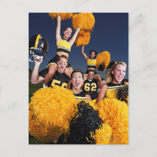 Two cheerleaders riding on shoulders of football postcard