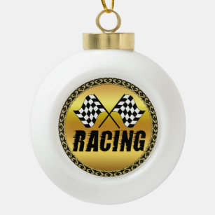 Two chequered racing flags for the competition win ceramic ball christmas ornament