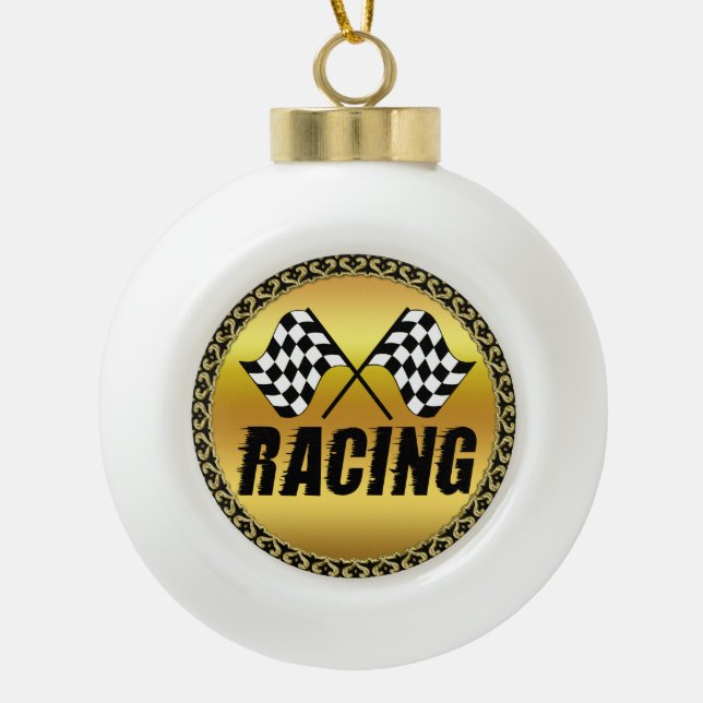 Two chequered racing flags for the competition win ceramic ball christmas ornament (Front)
