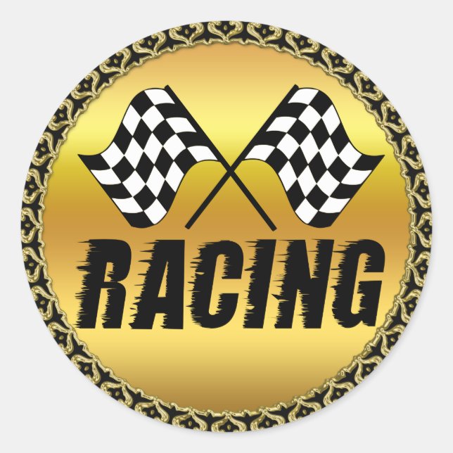 Two chequered racing flags for the competition win classic round sticker (Front)