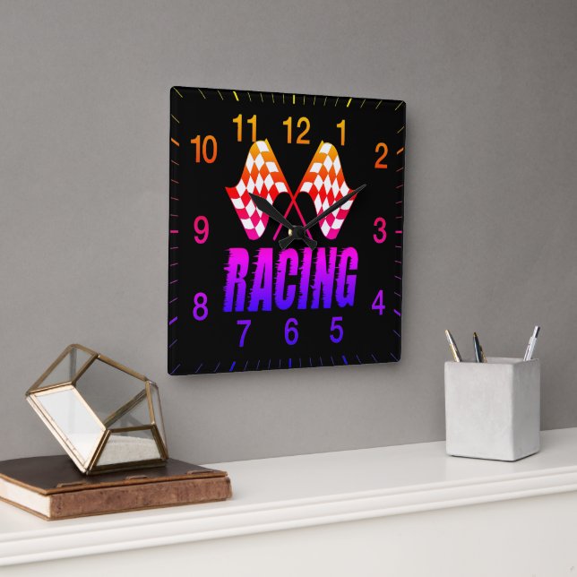 Two chequered racing flags for the competition win square wall clock (Office)