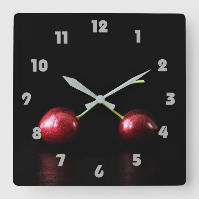 Two Cherries Grey Fat Numbers wca Square Wall Clock (Front)