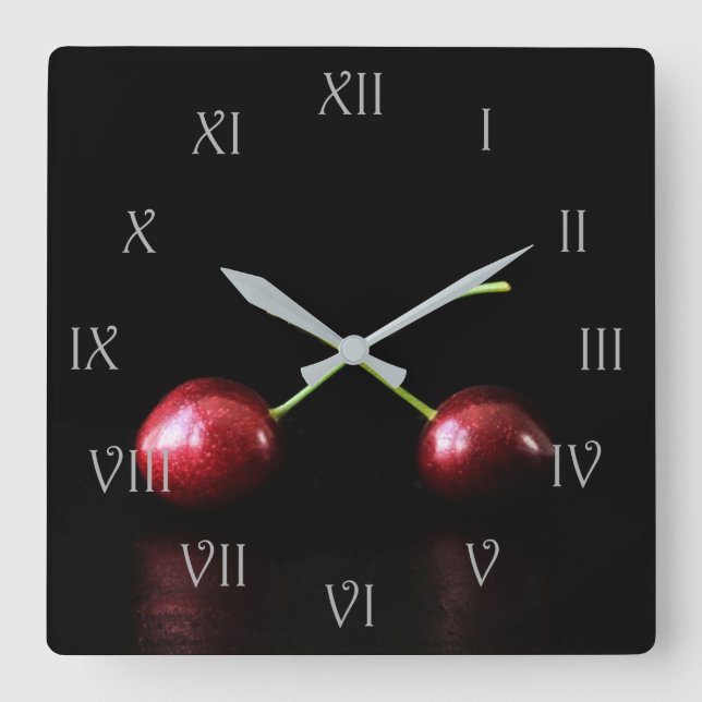 Two Cherries Grey Script Roman Numbers wcm Square Wall Clock (Front)