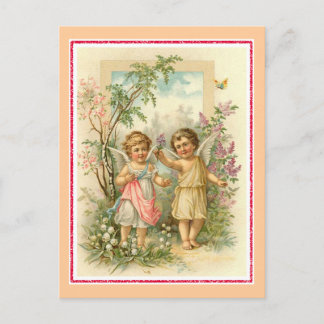 "Two Cherubs in a Garden" Vintage Postcard