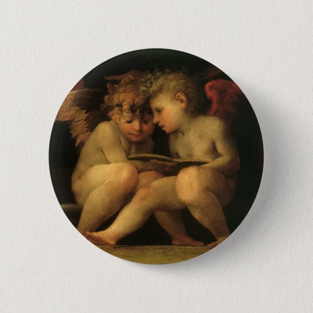 Two Cherubs Reading by Rosso Fiorentino, Angels 2 Inch Round Button (Front)