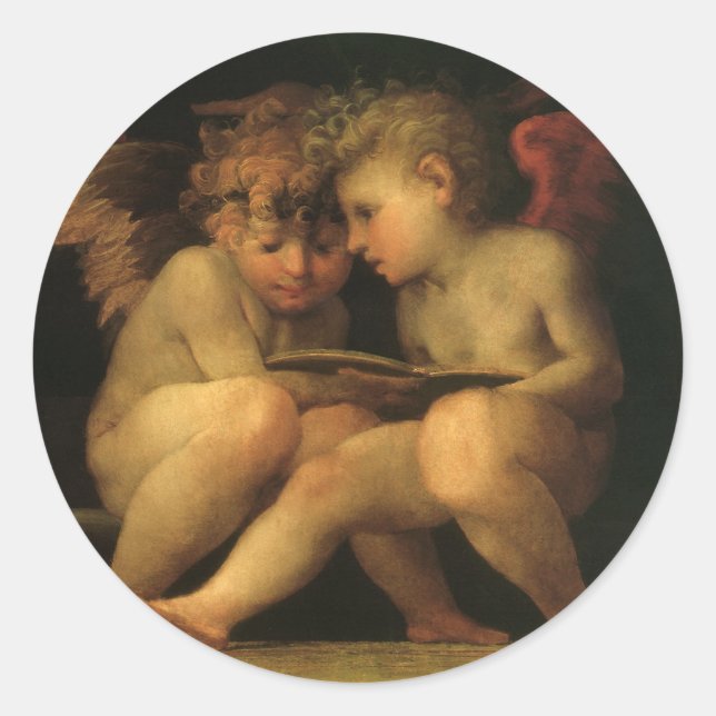 Two Cherubs Reading by Rosso Fiorentino, Angels Classic Round Sticker (Front)