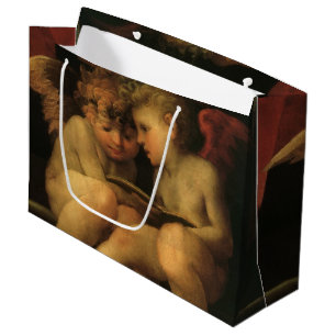 Two Cherubs Reading by Rosso Fiorentino, Angels Large Gift Bag