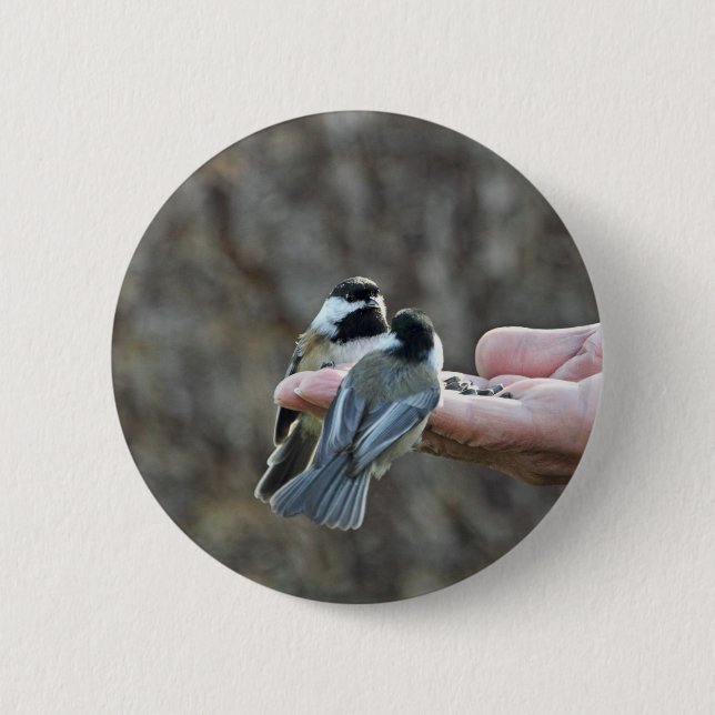 Two Chickadees on a Hand 2 Inch Round Button (Front)