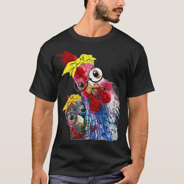 two Chicken with bandana headband and glasses cute T-Shirt (Front)